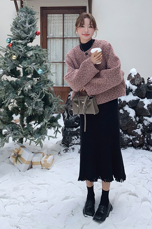 粉色小香风毛呢外套女2024冬新款法式简约宽松小个子加厚呢子上衣,女装毛呢外套,浙宝113