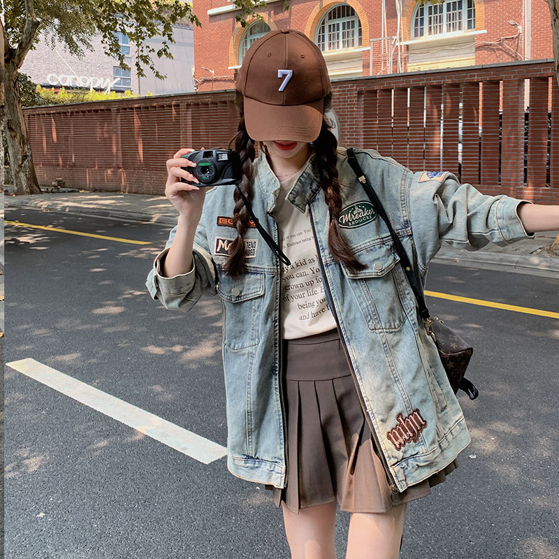 美式复古贴布浅色牛仔外套女春秋新款小个子休闲网红炸街宽松夹克,女装短外套,浙宝113