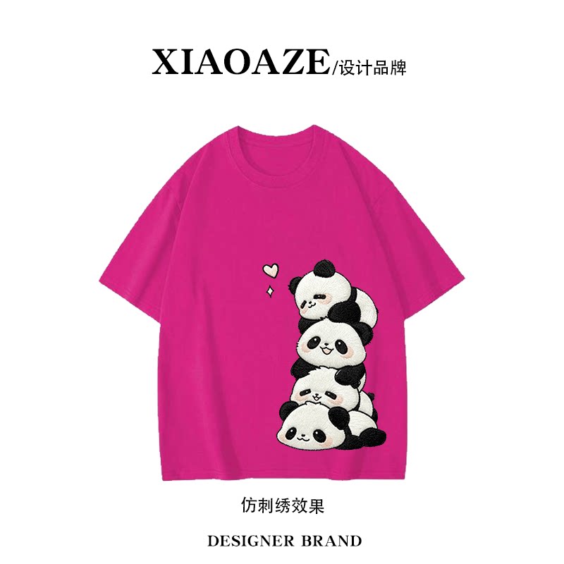 玫红色纯棉夏季新款卡通仿刺绣印花短袖t恤ins男女款宽松半袖上衣