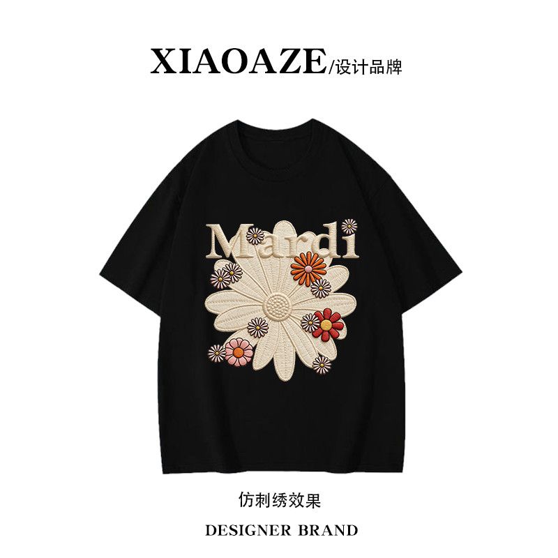 夏季仿刺绣花朵印花慵懒黑色纯棉短袖T恤男女新款复古上衣半袖ins