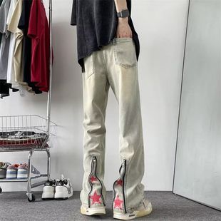 秋季 美式 男女百搭宽松直筒休闲长裤 潮牌五角星拉链牛仔裤 高街同款