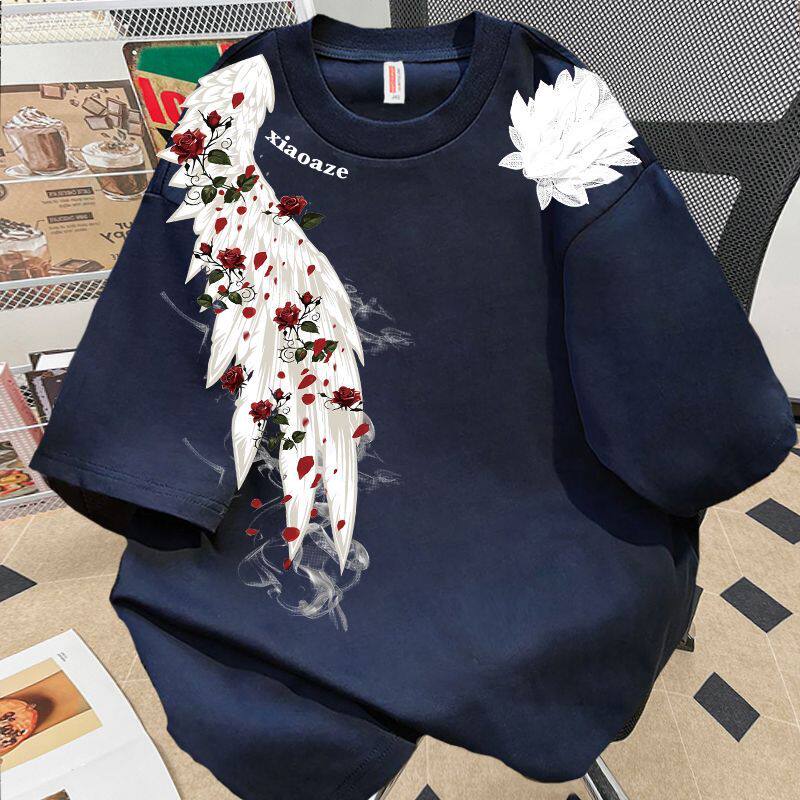 藏青色美式翅膀印花纯棉短袖t恤男女夏季宽松百搭情侣半袖上衣潮
