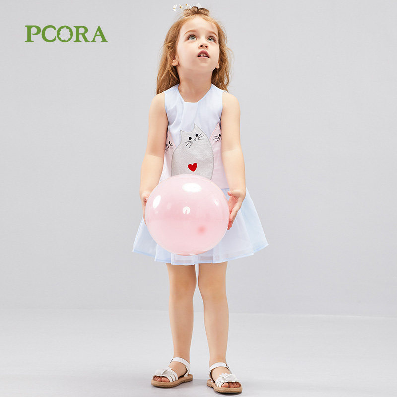 巴柯拉童装女小童夏款女童夏装新款裙子儿童雪纺连衣裙猫咪粉