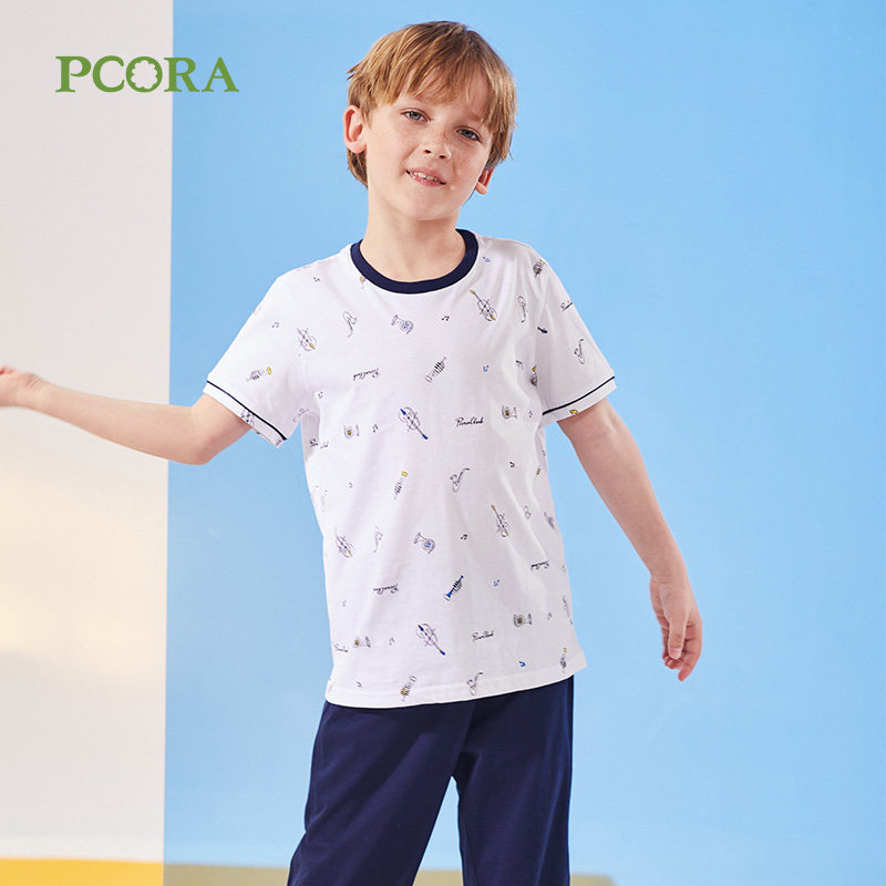 巴柯拉童装白色印花t恤男童中大童宽松圆领短袖延洋气清新童装潮