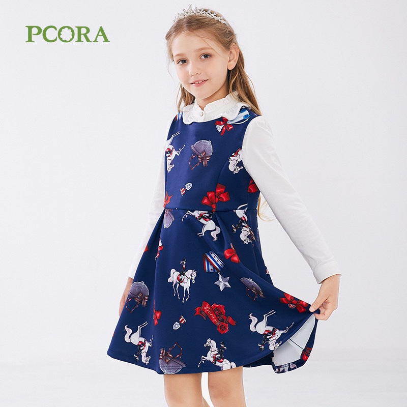 巴柯拉童装女大童针织连衣裙秋装儿童无袖印花学院风印花修身裙子