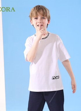 巴柯拉专柜同款男大童圆领T恤字母印花短袖纯棉白色宽松夏季上衣