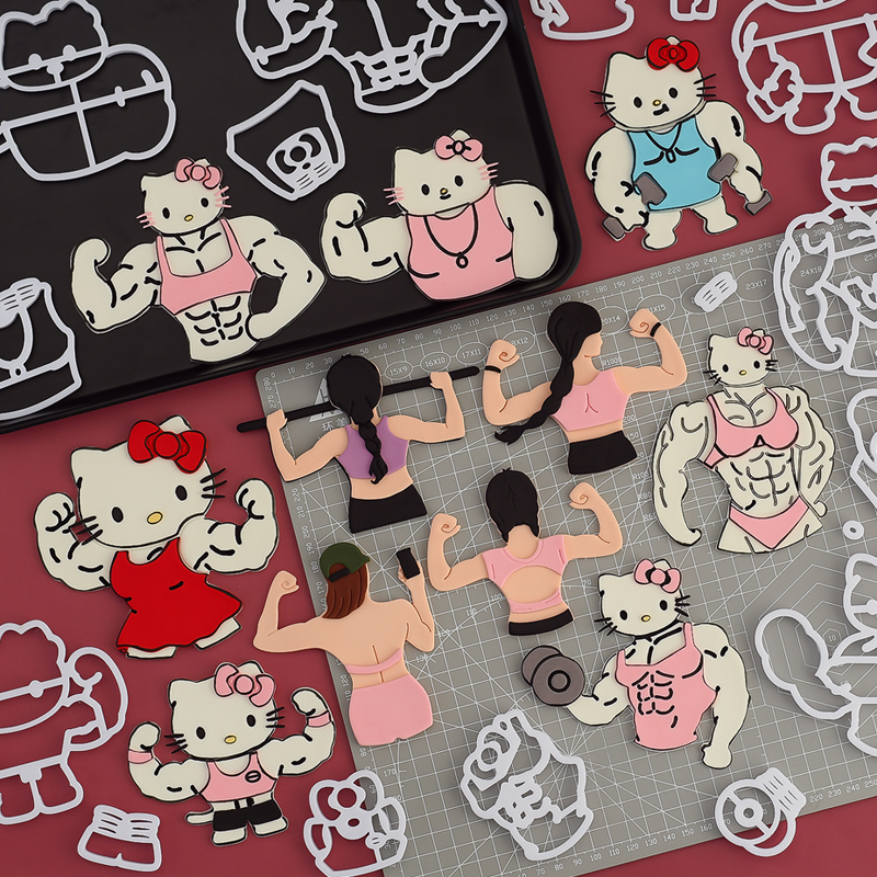 糖堡森林健身健美女神翻糖切模网红生日女生肌肉kt猫蛋糕模具压模