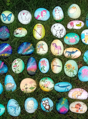 纯手工可爱风生日礼物花朵石头画