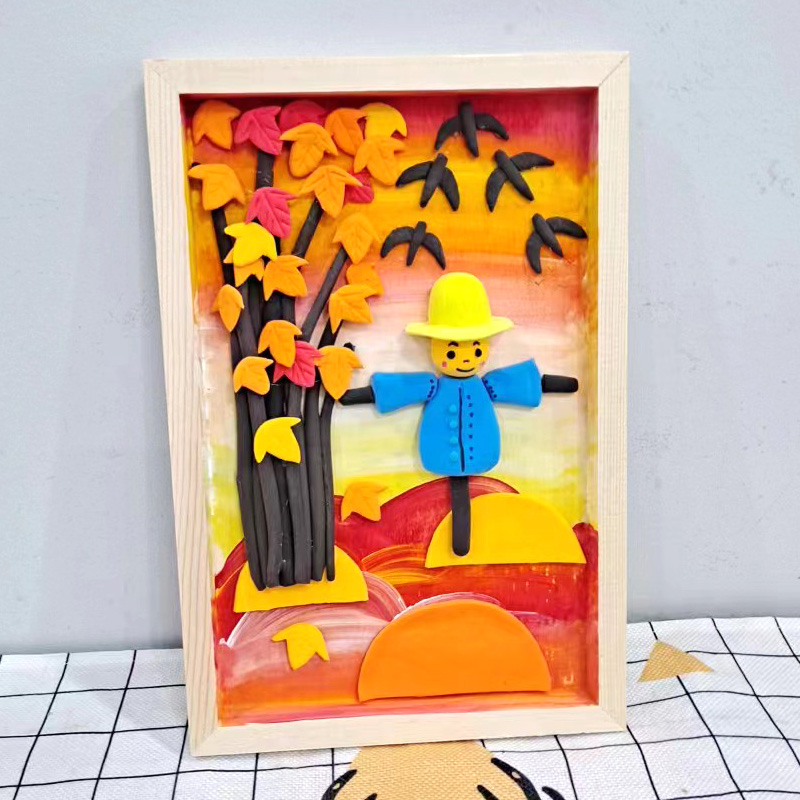 彩泥稻草人丰收秋画幼儿园手工小学生美术作品教室装饰包邮成品图片
