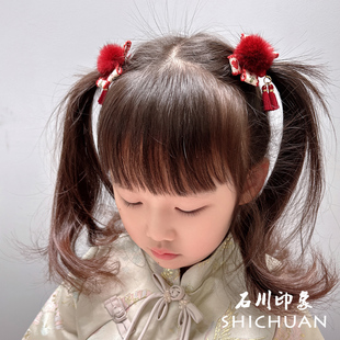 石川印象儿童发饰新年红蝴蝶结流苏宝宝发夹毛球女孩对夹过年头饰