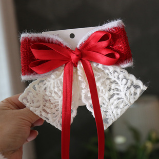 儿童发夹小香风大红蝴蝶结毛球飘带女童顶夹宝宝过年发饰圣诞头饰