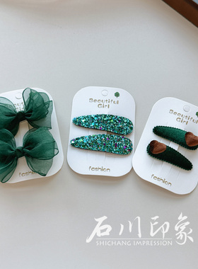 高级感墨绿色纱蝴蝶结儿童发夹发饰亮片BB夹女童碎发夹刘海夹发卡