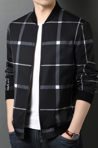 男士2021秋季长袖薄款外套休闲商务立领夹克格子QLM55275-P160图片