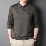 21秋季新款POLO衫中年男士修身纯色刺绣徽章长袖t恤QLM77257-P105，男装T恤，电商B212（原钱塘6029）