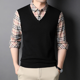 2021秋季新款套头假两件男休闲格子长袖纯棉针织衫男QLM77228-P85，男装针织衫/毛衣，电商B212（原钱塘6029）