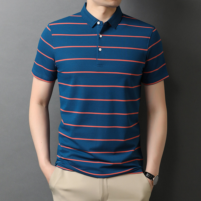 短袖t恤男翻领polo衫条纹T恤中年商务薄款衣服爸爸装QLM88109-P75,男装T恤,电商B212（原钱塘6029）