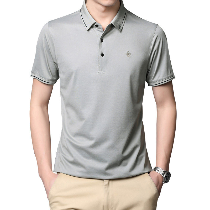 桑蚕丝短袖T恤男绣标翻领夏季中年男士宽松爸爸夏装YT1AK03-P125,男装T恤,电商B212（原钱塘6029）