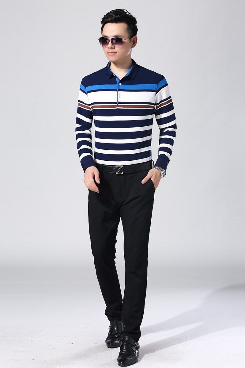 polo衫男秋季新款男士商务休闲中青年条纹翻领长袖T恤LJ87748-P85,男装T恤,电商B212（原钱塘6029）