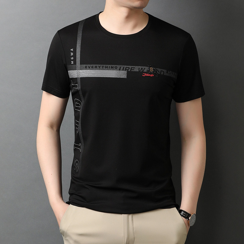 轻奢T恤男秋季印花短袖经典圆领纯色运动休闲男t恤QLM88227-P65图片