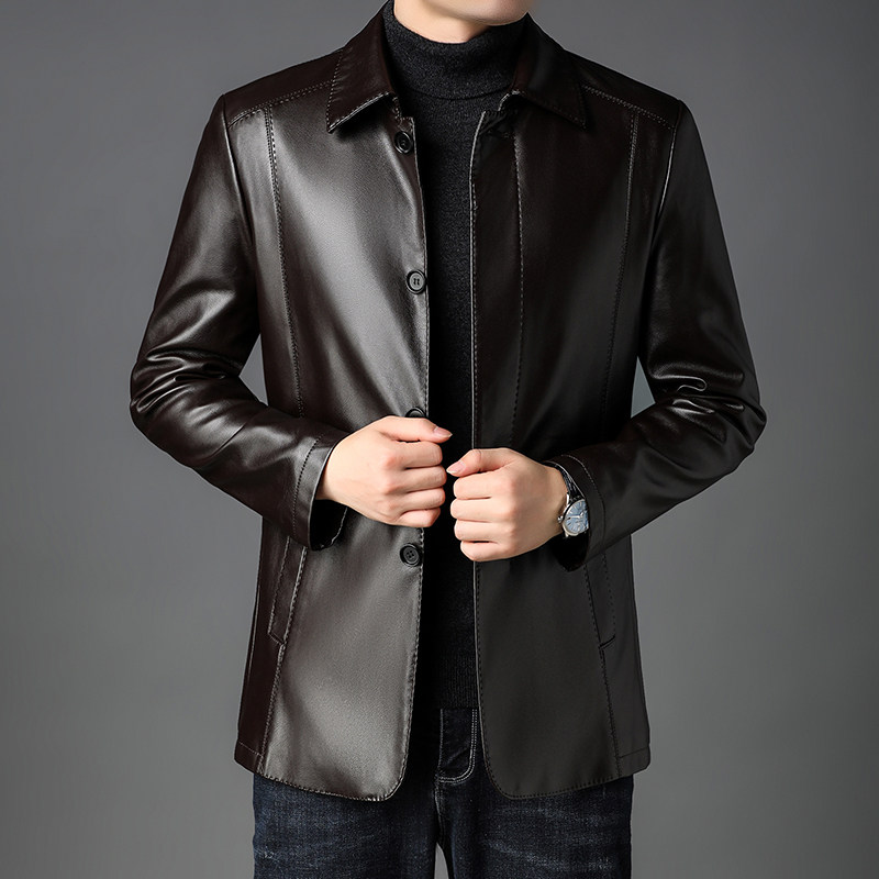 皮衣外套男中长款单排扣冬季男士休闲翻领加厚皮夹克P1805-P180，男装皮衣，电商B212（原钱塘6029）