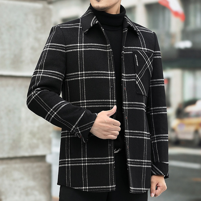 羊毛呢子大衣男中长款冬季男士格子翻领双面呢外套Q682110-P450，男装毛呢大衣，电商B212（原钱塘6029）