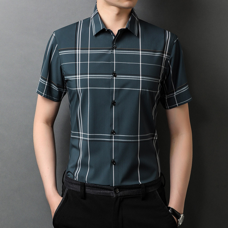 格子衬衫男短袖2021夏季新款中年男士休闲翻领半袖衬衣D2938-P85,男装衬衫,电商B212（原钱塘6029）