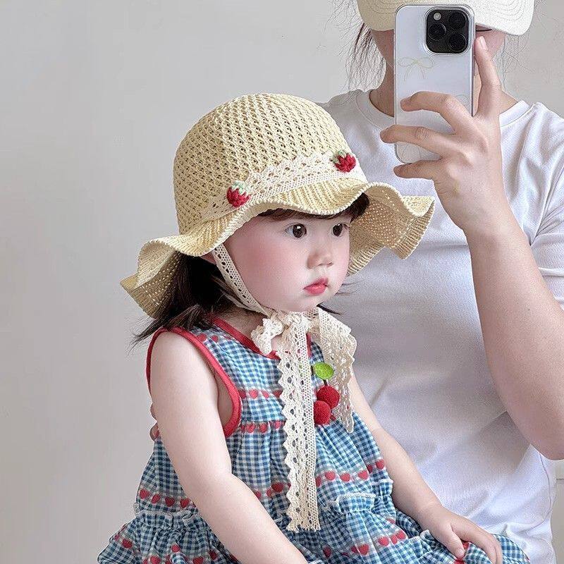 儿童帽子夏季薄款大帽檐编织系带草帽女宝宝出游沙滩防晒太阳帽潮