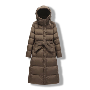 腰带羽绒服女2024年新款冬季收腰显瘦系带长过膝白鸭绒连帽外套