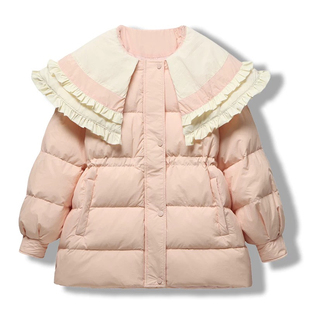 秋冬新款羽绒服女中长款海军花边娃娃领收腰加厚甜美鸭绒学生外套