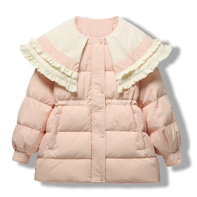 秋冬新款羽绒服女中长款海军花边娃娃领收腰加厚甜美鸭绒学生外套