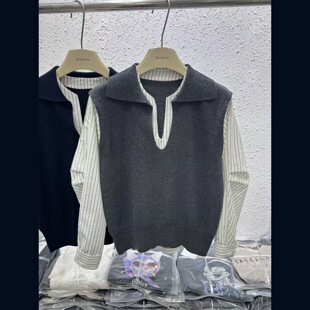 假两件拼接袖V领针织背心衬衫女2026春洋气翻领针织马甲长袖上衣