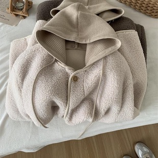 韩版冬季设计感拼接连帽毛绒外套女减龄复古加厚麂皮绒羊羔毛卫衣