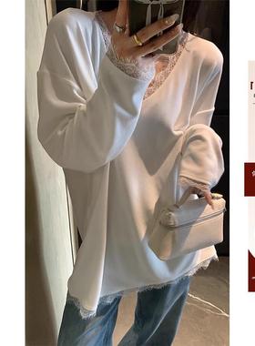 【内搭白月光】秋冬磨毛bai搭宽松气质蕾丝拼接白色V领T恤