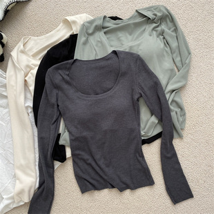 HENNY RUE美雅碧自发热带胸垫长袖打底衫心机大圆领内搭弹力上衣