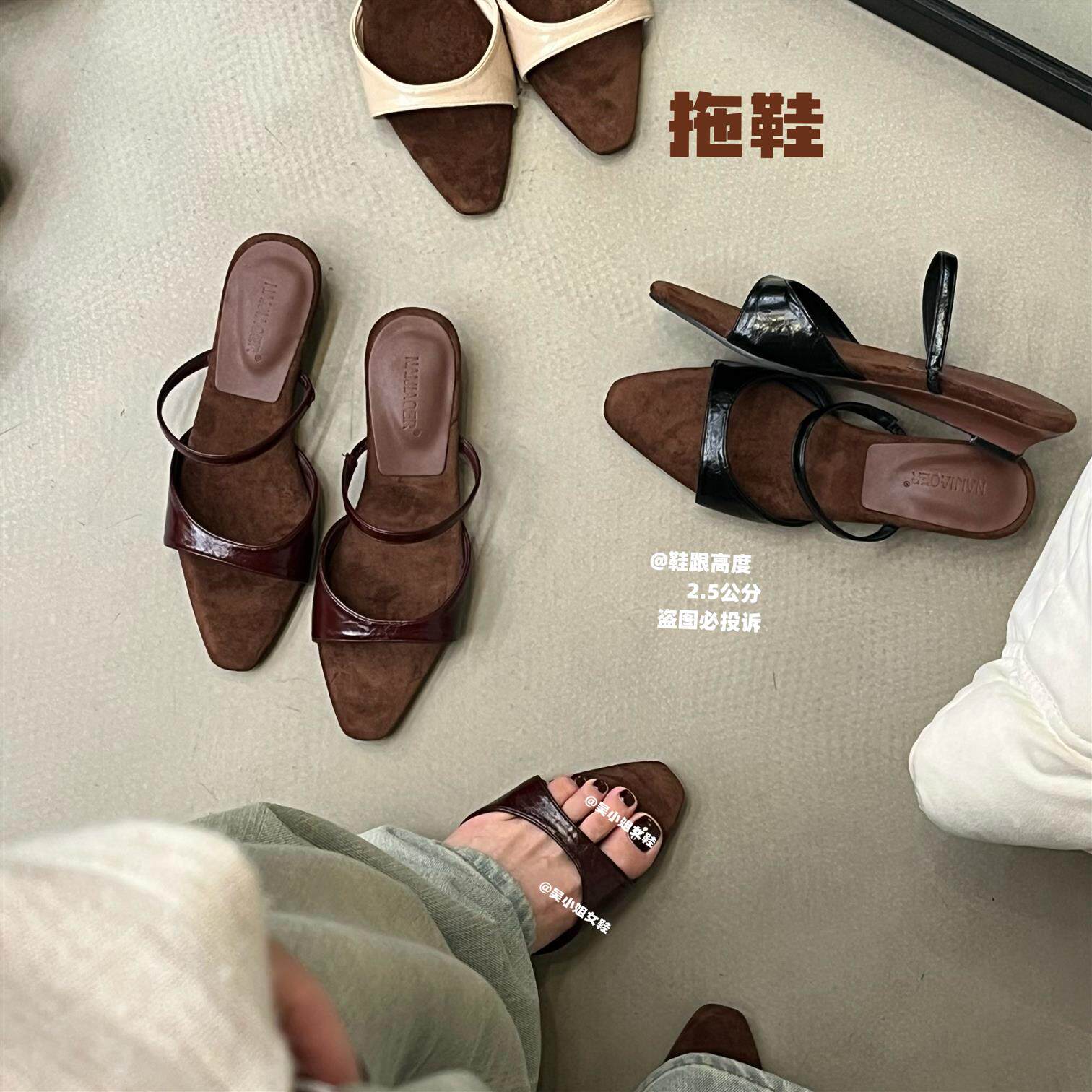 汗脚穿的拖鞋！夏季新款绒面方头一字带凉拖女复古港风外穿百搭鞋