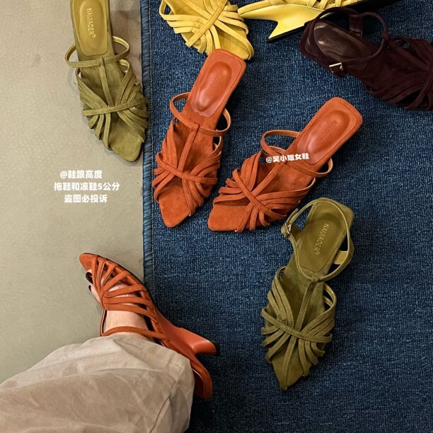 法式凉鞋女夏季复古绒面编织罗马风方头坡跟外穿百搭通勤气质凉拖