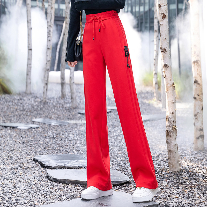红色阔腿卫裤女2024春秋休闲运动高腰垂感直筒裤侧条纹三条杠拖地