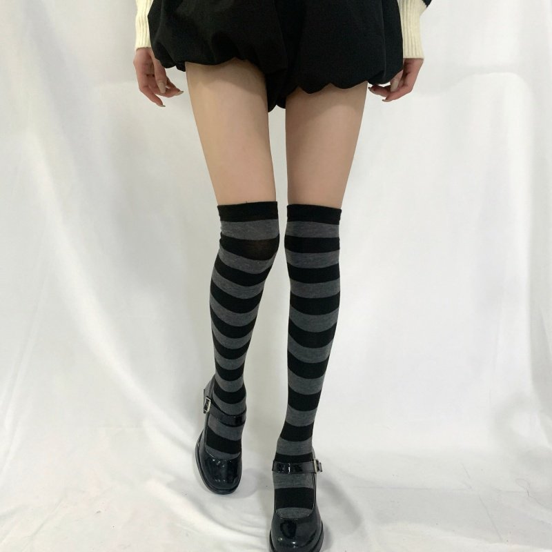 黑灰条纹过膝袜日系cosplay动漫亚比朋克y2k辣妹黑白显瘦jk大腿袜
