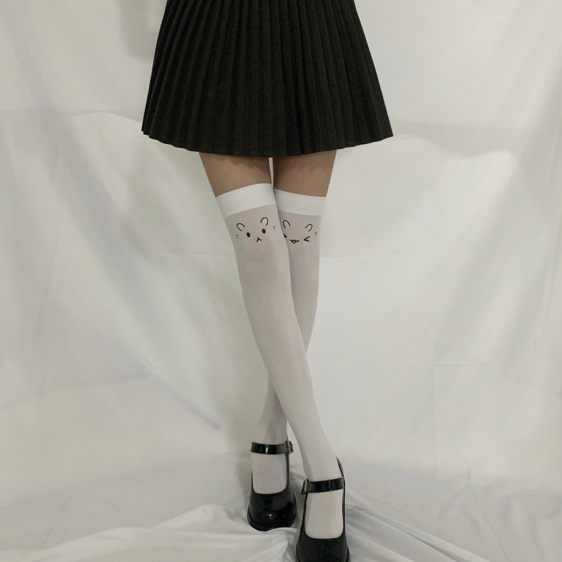 Lolita甜美可爱卡通猫咪长筒袜日系cos风高筒袜白丝过膝袜大腿袜