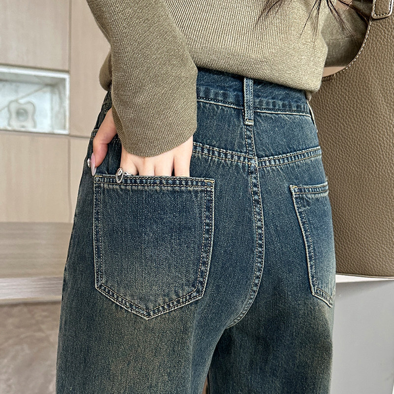 窄版牛仔裤女春秋2025年新款复古显高直筒145小个子加绒阔腿裤子