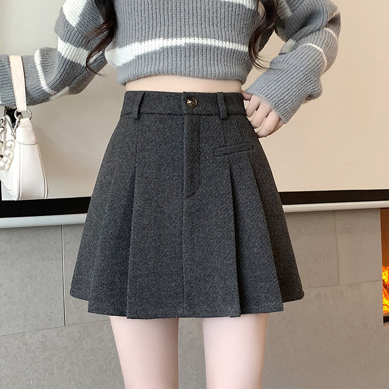 灰色毛呢半身裙女春秋新款高腰遮跨加厚百褶a字裙小个子休闲短裙