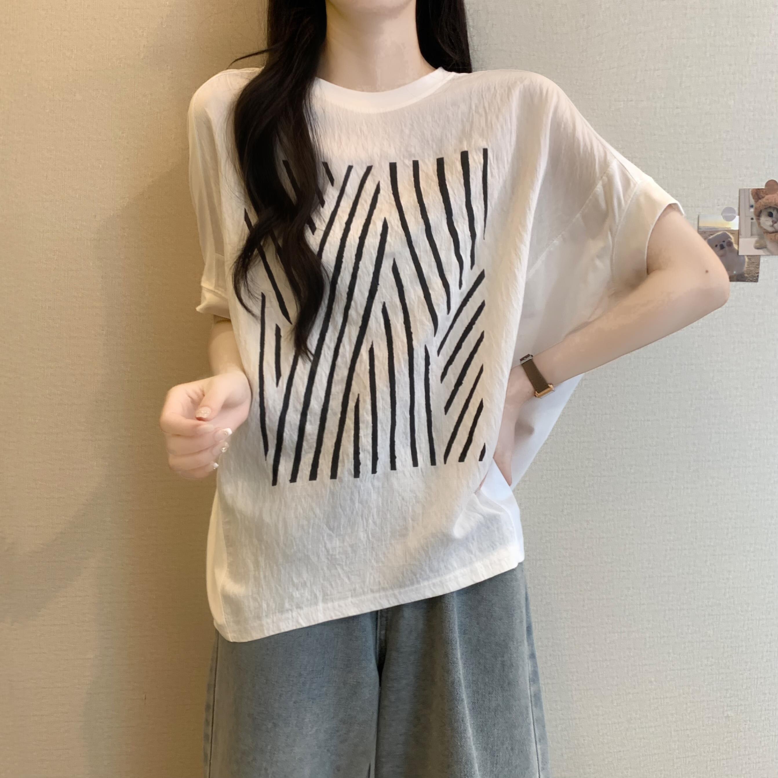 蝙蝠袖正肩短袖T恤女士夏季薄款大尺码宽松显瘦胖mm遮肚针织上衣