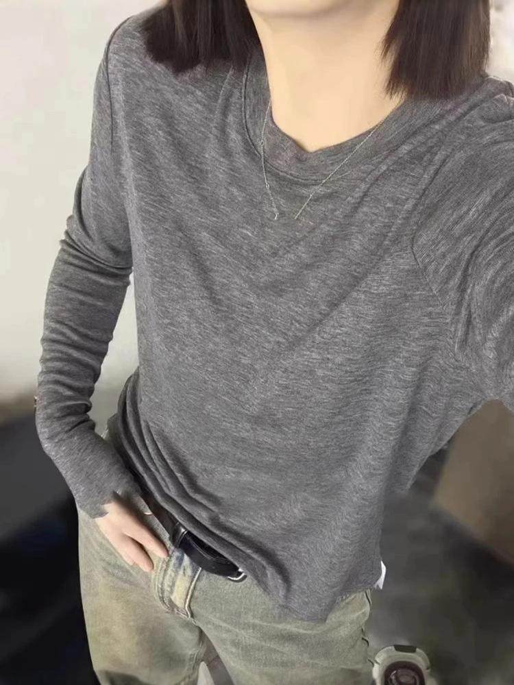 灰色正肩长袖t恤女春秋2025新款宽松显瘦圆领减龄打底衫洋气上衣