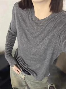 灰色正肩长袖t恤女春秋2025新款宽松显瘦圆领减龄打底衫洋气上衣