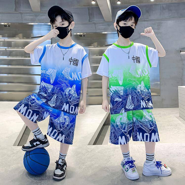 儿童篮球服短袖套装夏装中大童洋气假两件训练服男孩国风速干球衣