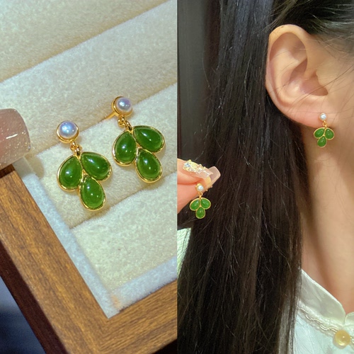 菀春 | 天然和田玉碧玉叶子耳饰银镶珍珠耳钉