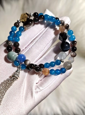 天然水晶蓝磷灰茶晶银曜石原创