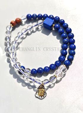 天然白水晶青金石两圈手链原创