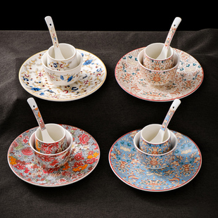 中式酒店会所餐厅摆台餐具四件套创意复古浮雕彩绘碗碟花茶杯套装