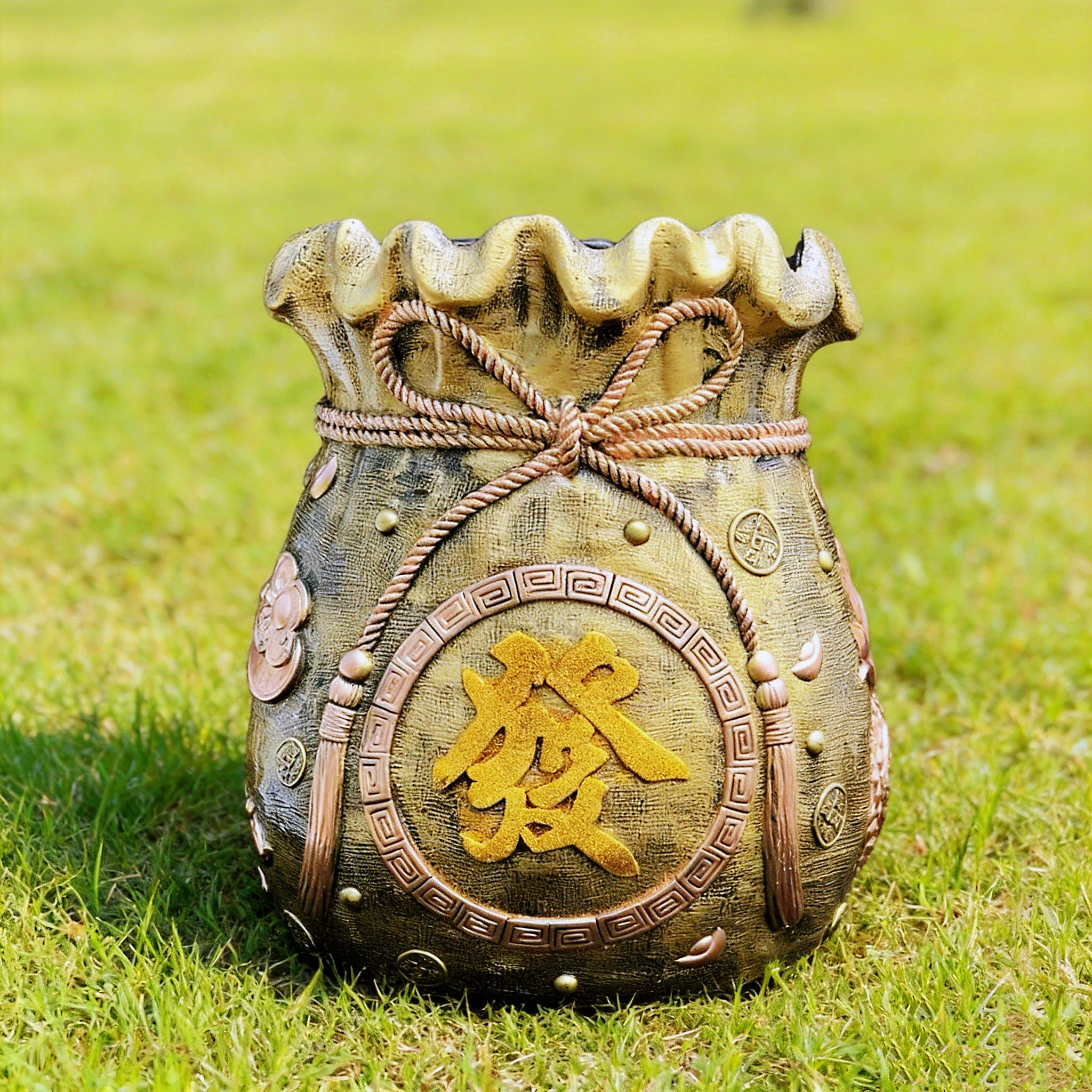 仿陶瓷花盆氧化镁聚宝盆特大号古铜色钱袋招财进宝浮雕花盆发财树